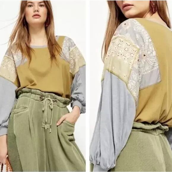 Free People Feelin It Tee Top Womens Small Mustard Yellow Patchwork Paisley Boho - Picture 1 of 9